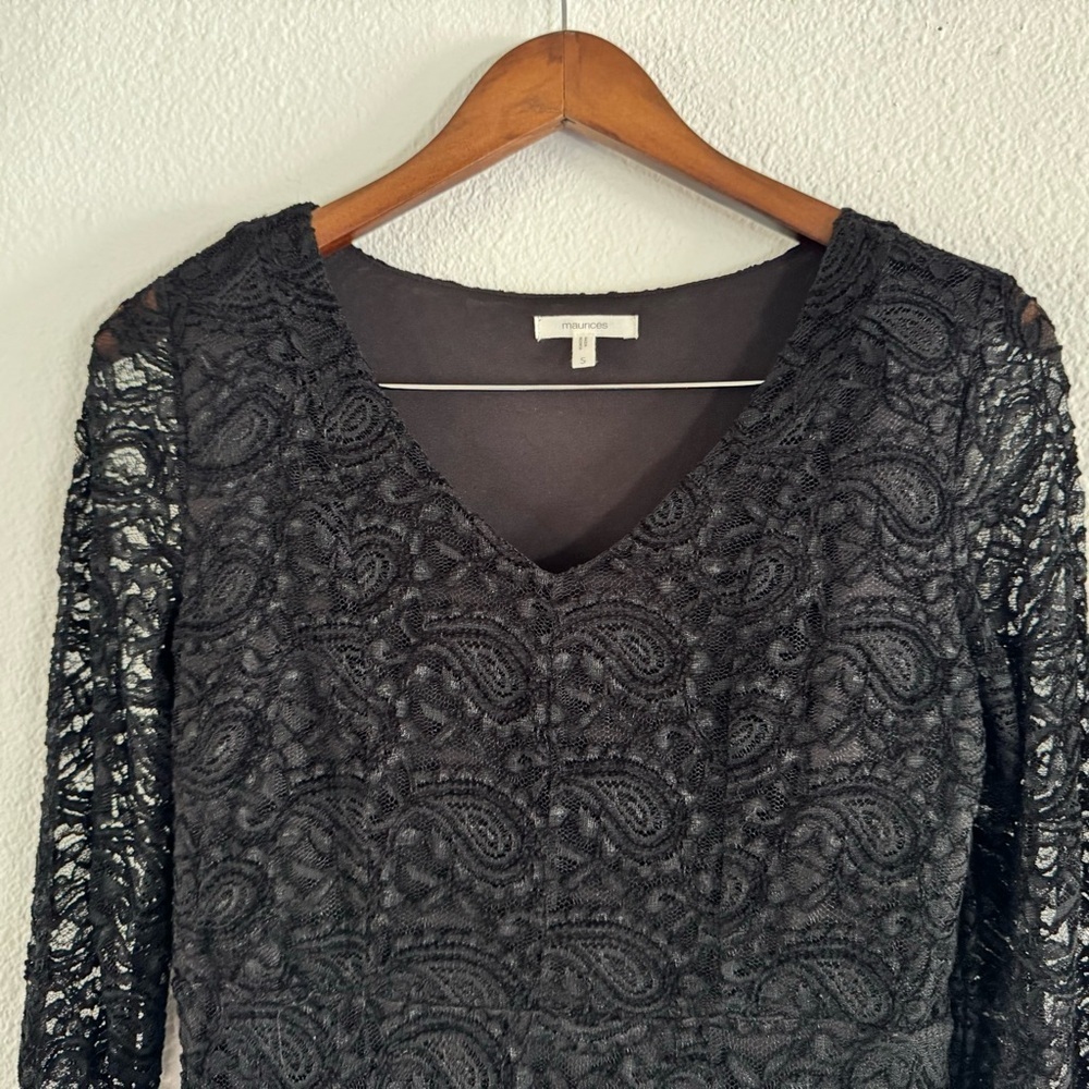 Maurices Black Paisley Lace Panel V Neck Long Sleeve Dress Small Chic Elegant - Picture 3 of 12